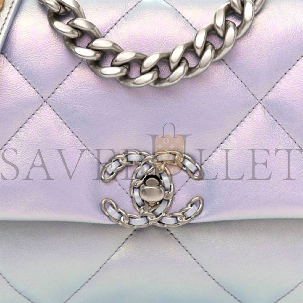 Ch*el iridescent calfskin quilted medium Ch*el 19 flap light silver purple blue as1160 (26*17*8cm)